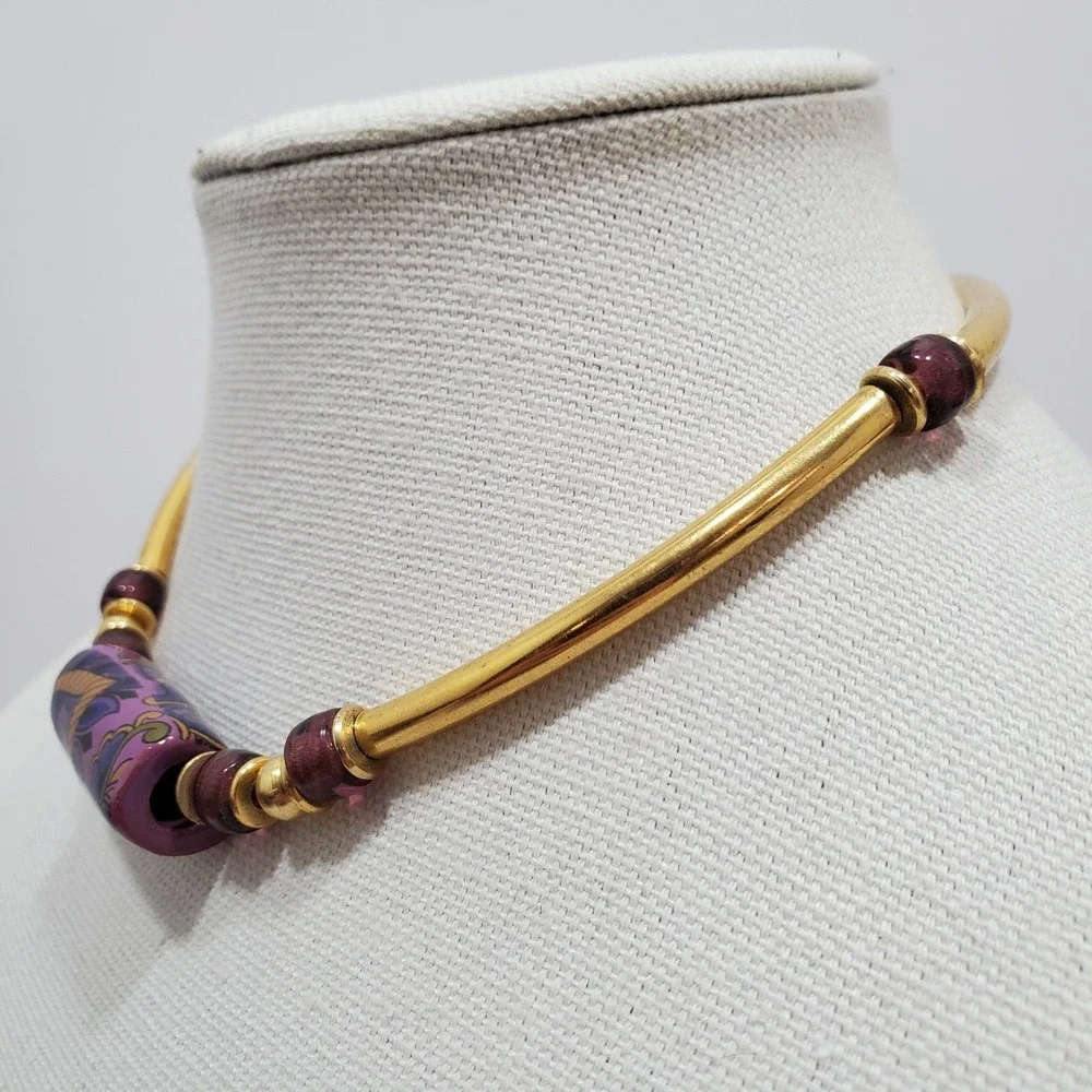 Vtg Omega Style Statement Choker Necklace Goldtone Clay, Metal & Glass Beads